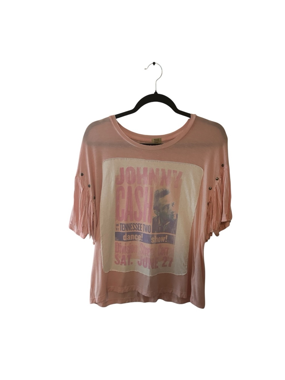 Johnny Cash Upcycled Graphic Fringe Sleeve Tee - Pink